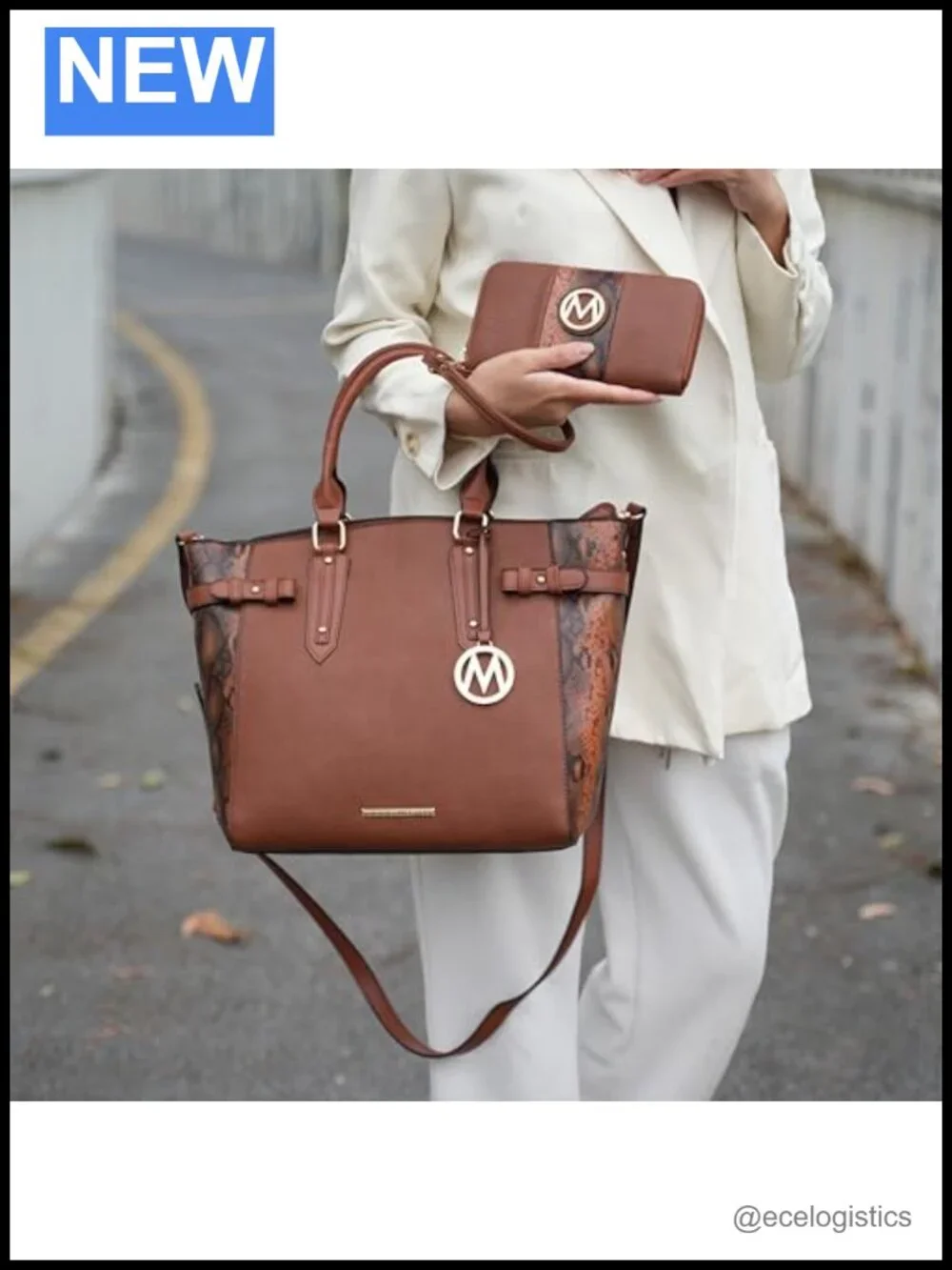 Vegan Leather Snake Embossed Tote Bag and Wristlet Set